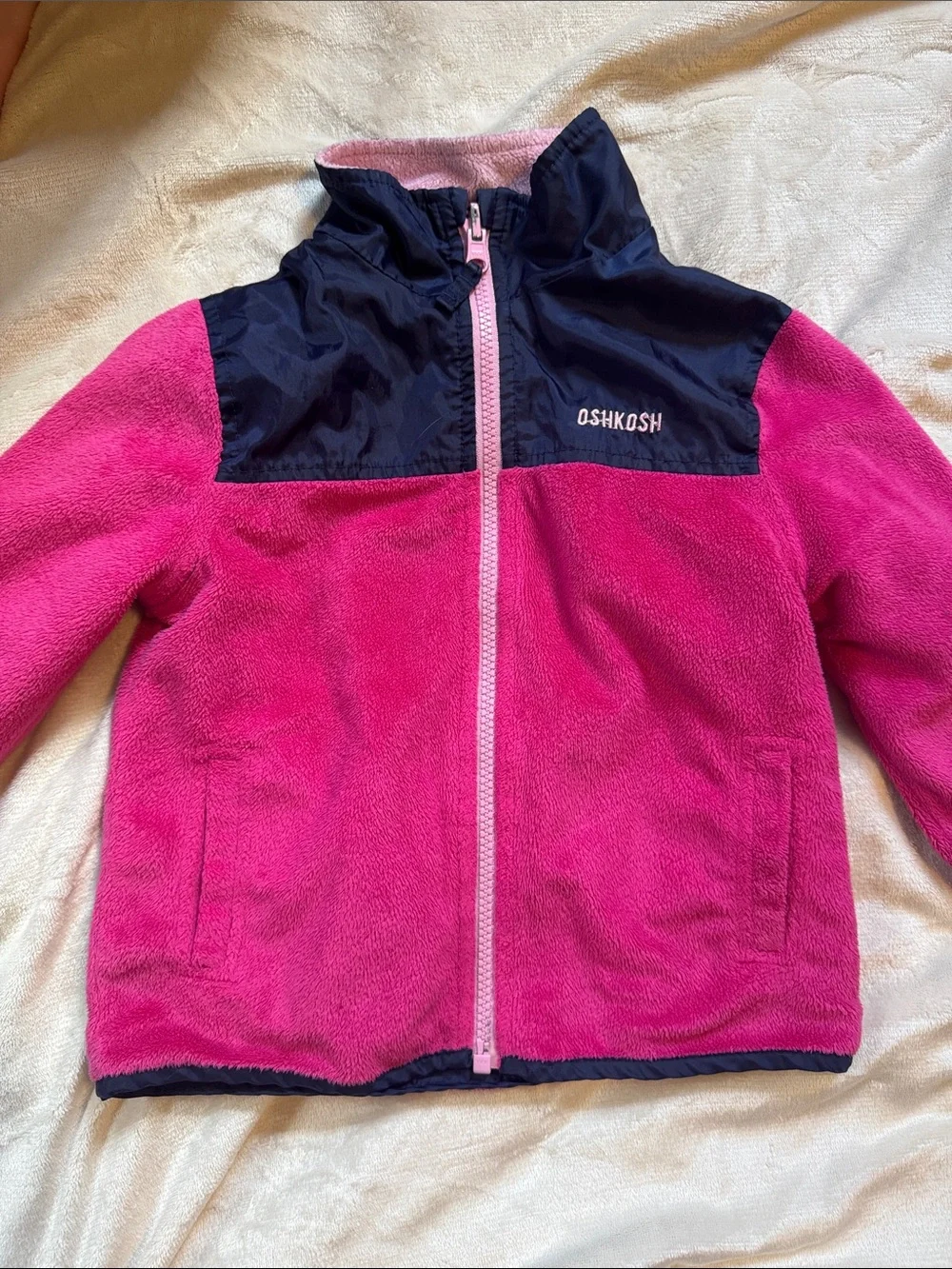 OshKosh ReversibleHot Pink Fleece Jacket with Navy Yoke